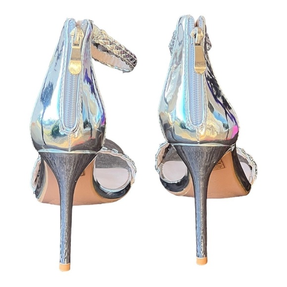 RUI Silver Metallic Woven Stiletto Heels Halo Strap Braided Open-Toe 38 - Picture 3 of 8